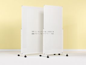 Tall mobile whiteboard, ceramic on both sides, white, on wheels